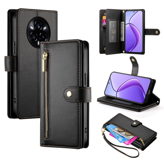 Klapkové puzdro pre Realme 14 Pro+ 5G, Wallet Zipper Pocket, čierne
