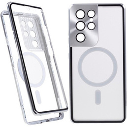 Magnetické puzdro Dual Glass MagSafe pre Samsung Galaxy S21 Ultra, strieborné