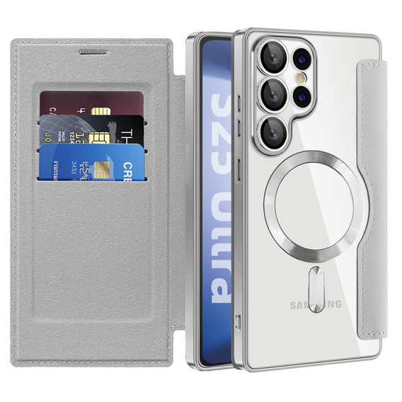 Klapkové puzdro pre Samsung Galaxy S25 Ultra, RFID Wallet MagSafe CamShield, strieborné