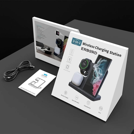 Bezdrôtová indukčná nabíjačka 3 v 1 QI rýchla pre Samsung S25 S24 S23 Galaxy Watch Buds stanica čierna