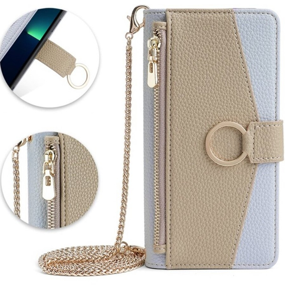 Flipové puzdro pre iPhone 14, Wallet Zipper Pocket, so zrkadlom, modré