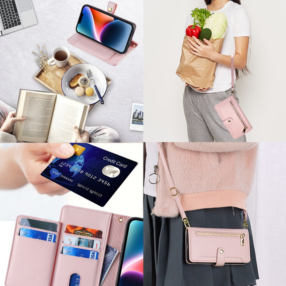 Klapkové puzdro pre iPhone 14, Wallet Zipper Pocket, ružové