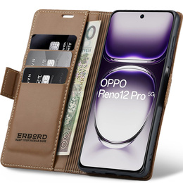 Puzdro pre Oppo Reno 12 Pro, ERBORD Glossy Litchi, flipová peňaženka, hnedé