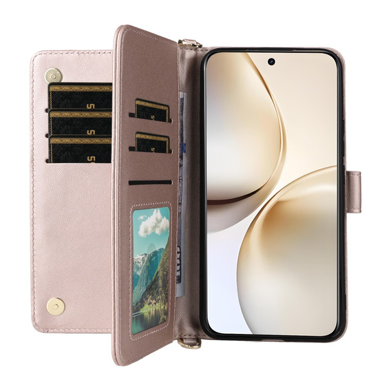 Puzdro s chlopňou pre Realme 14 Pro+ 5G, Crossbody Leather Wallet, ružové rose gold