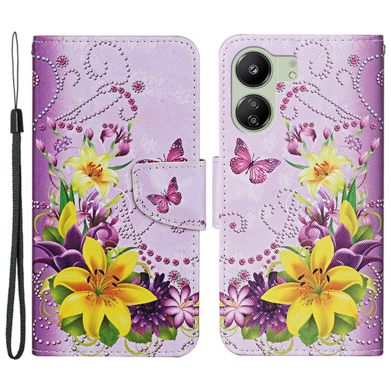 Klapkové puzdro pre Xiaomi Redmi 13C / Poco C65, Wallet, Flowers and Butterflies, fialový