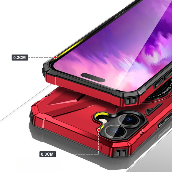 Puzdro pre iPhone 16, pancierované so stojanom a rukoväťou, červené