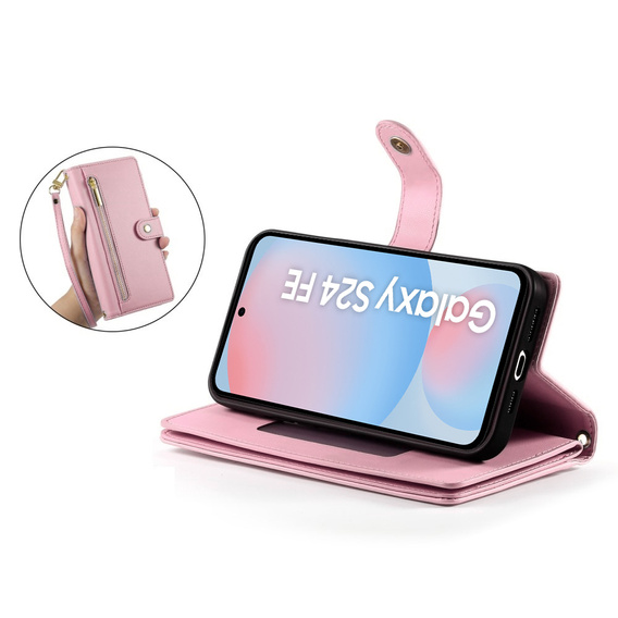 Klapkové puzdro pre Samsung Galaxy S24 FE, Wallet Zipper Pocket, ružové