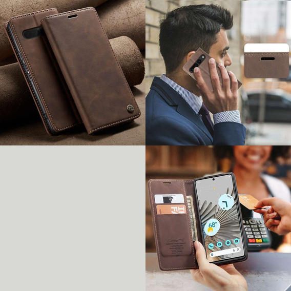 CASEME puzdro pre Google Pixel 7 Pro, Leather Wallet Case, hnedé