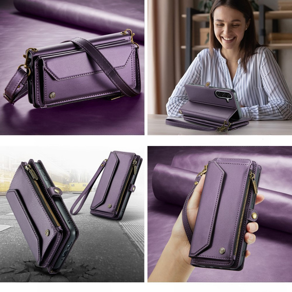 Puzdro CASEME pre Samsung Galaxy A56 5G, RFID Leather Wallet, s popruhom cez rameno, fialové
