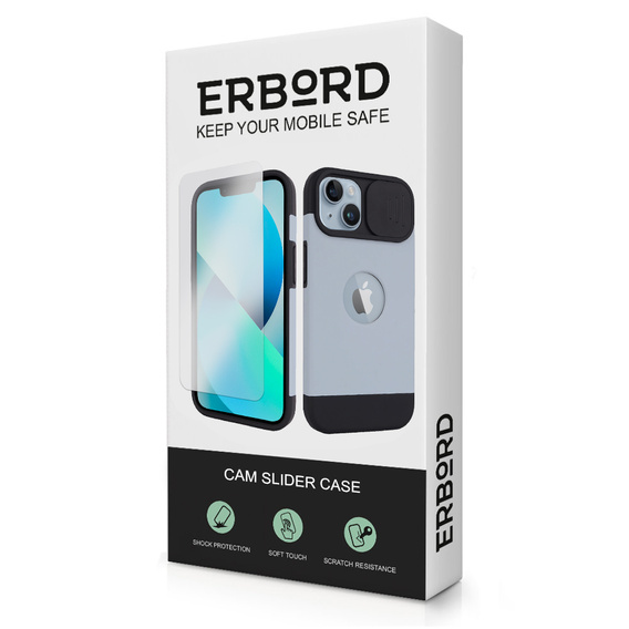 Puzdro ERBORD MagSafe Cam Slider, modré + sklo na displej pre iPhone 13 / iPhone 14