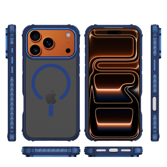 Matné puzdro pre iPhone 17 Pro, pancierované, pre MagSafe, dymové s modrými bokmi