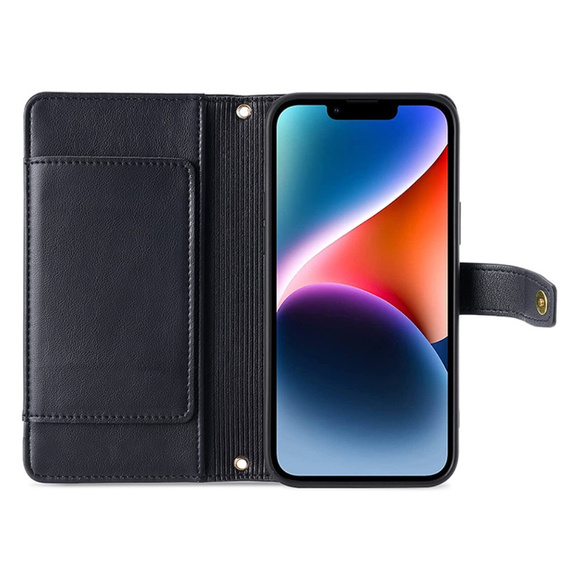 Klapkové puzdro pre iPhone 15, Wallet Zipper Pocket, čierne