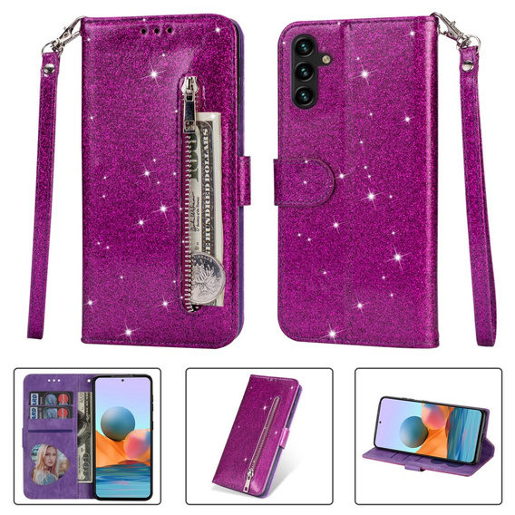 Klapkové puzdro pre Samsung Galaxy A35 5G, Wallet Zipper Pocket Glittery, fialové