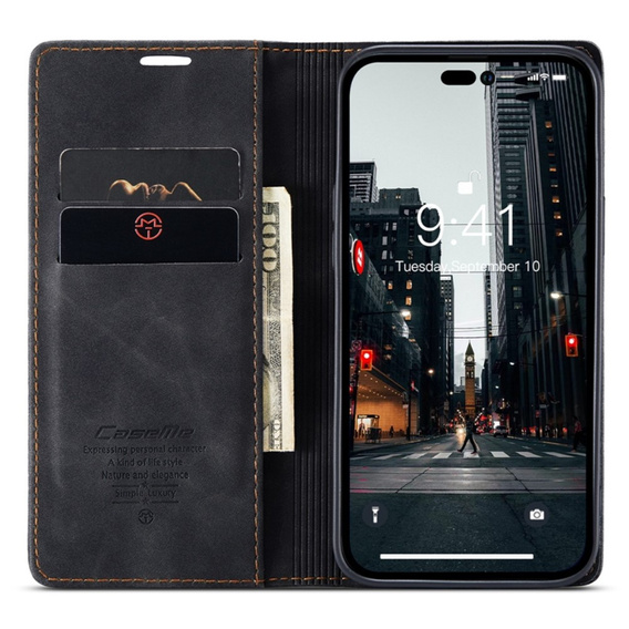 CASEME puzdro pre iPhone 14 Pro, Leather Wallet Case, čierne
