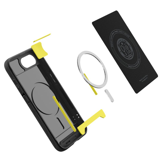 Puzdro Spigen pre iPhone 16E, Rugged Armor MagSafe, čierne + tvrdené sklo 9H