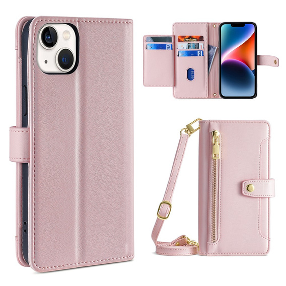 Klapkové puzdro pre iPhone 15, Wallet Zipper Pocket, ružové