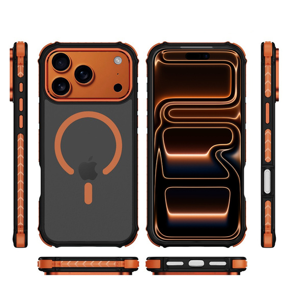 Matné puzdro pre iPhone 17 Pro, pancierované, pre MagSafe, dymové s oranžovými stranami