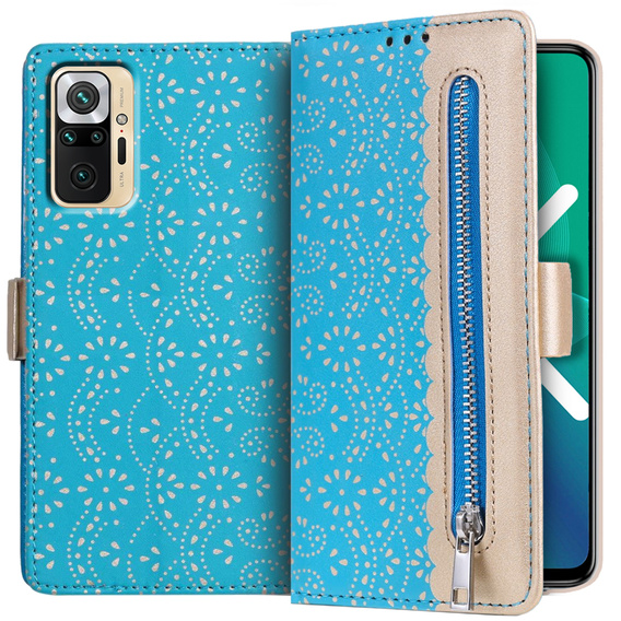 Klapkové puzdro pre Xiaomi Redmi Note 10 Pro / Redmi Note 10 Pro Max, Wallet Pocket Zipper Lace, modré