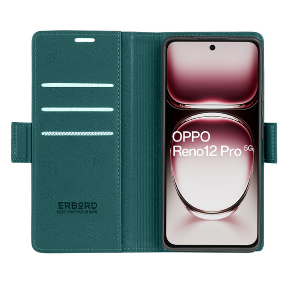 Puzdro pre Oppo Reno 12 Pro, ERBORD Glossy Litchi, flipová peňaženka, zelený