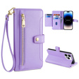 Klapkové puzdro pre iPhone 14 Pro, Wallet Zipper Pocket, fialové
