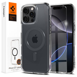 Puzdro MagSafe Spigen pre iPhone 16 Pro, Ultra Hybrid, priehľadné / sivé + tvrdené sklo 9H