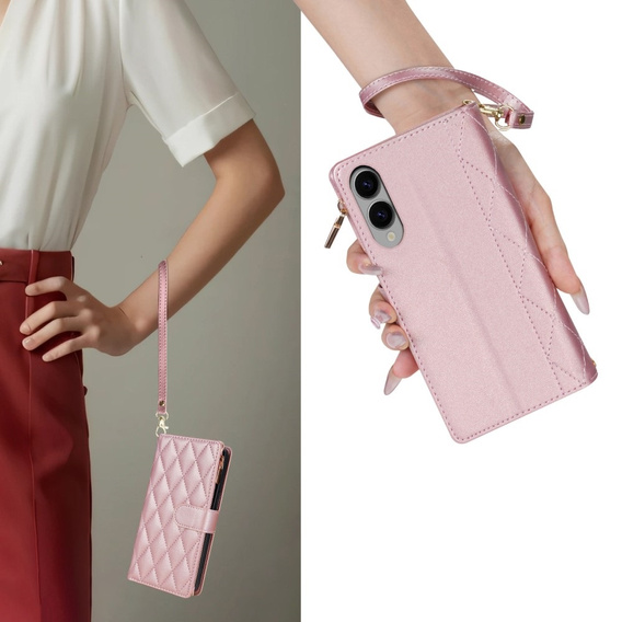 Puzdro s chlopňou pre Samsung Galaxy S25 Edge, Rhombus Crossbody Leather, ružové rose gold