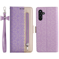 Klapkové puzdro pre Samsung Galaxy A55 5G, Wallet Pocket Zipper Lace, fialové