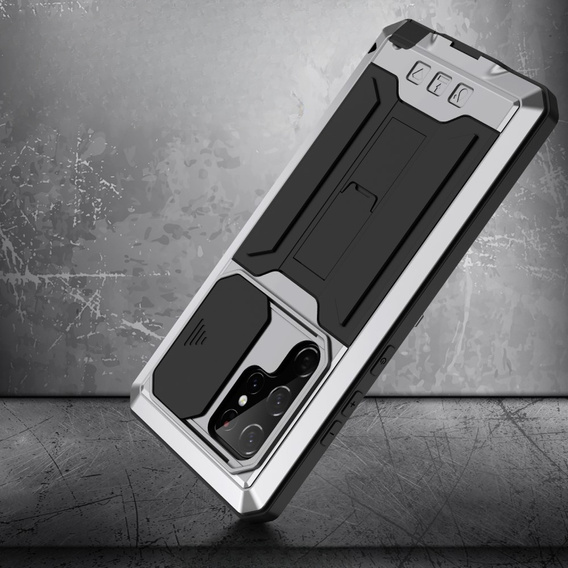 Obrnené puzdro pre Samsung Galaxy S22 Ultra, R-JUST CamShield Slide, strieborné