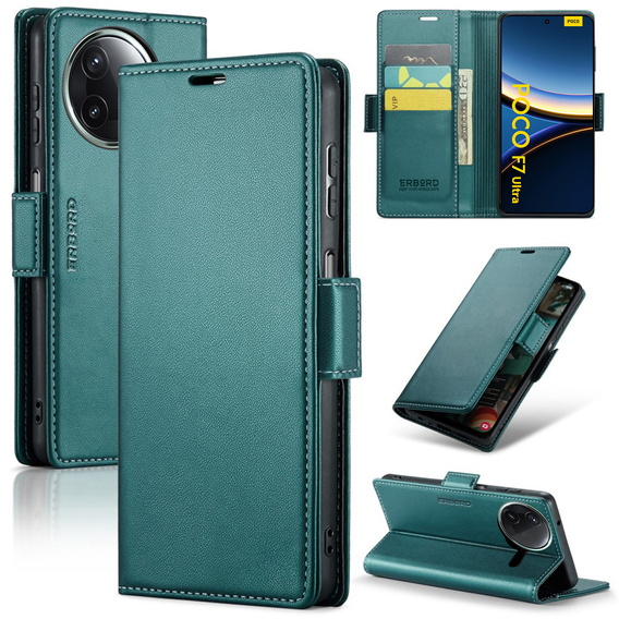 Puzdro pre Xiaomi Poco F7 Ultra, ERBORD Glossy Litchi, flipová peňaženka, zelený