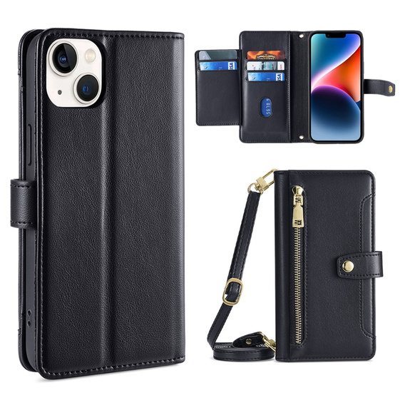Klapkové puzdro pre iPhone 14, Wallet Zipper Pocket, čierne