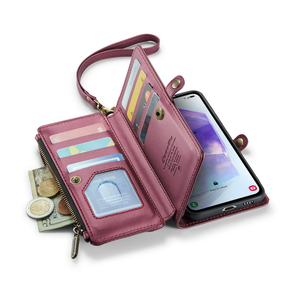Puzdro CASEME pre Samsung Galaxy A55 5G, RFID Leather Wallet, s popruhom cez rameno, červené