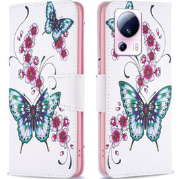 Klapkové puzdro pre Xiaomi 13 Lite, Wallet, butterfly & flowers, biele