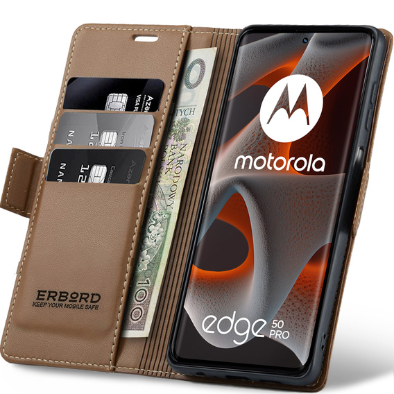Puzdro pre Motorola Edge 50 Pro, ERBORD Glossy Litchi, flipová peňaženka, hnedé