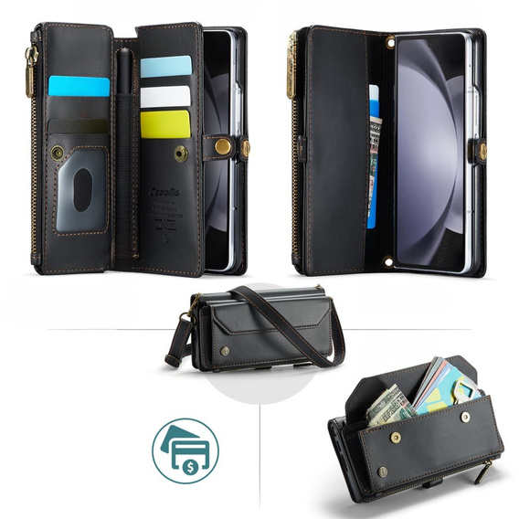 Puzdro CASEME pre Samsung Galaxy Z Fold6 5G, RFID Leather Wallet, s popruhom cez rameno, čierne