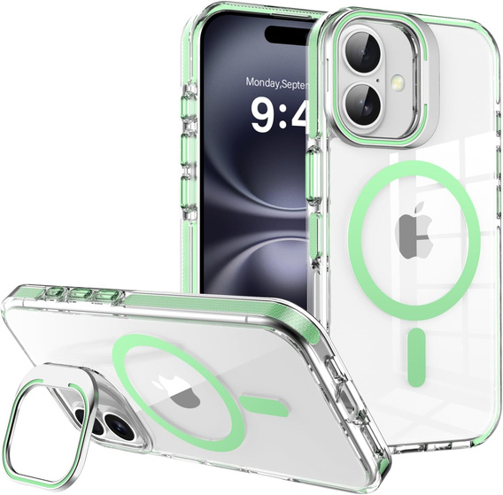 Puzdro pre iPhone 17, pre MagSafe, so stojanom, priehľadné so zelenými vložkami