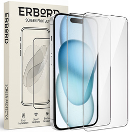 2x tvrdené sklo pre iPhone 15, ERBORD 9H Hard Glass na displeji