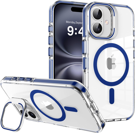 Puzdro pre iPhone 17, pre MagSafe, so stojanom, priehľadné s tmavomodrými vložkami