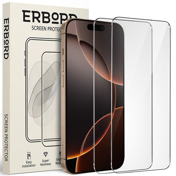 2x tvrdené sklo ERBORD 9H Hard Glass na displeji pre iPhone 17 Pro/17/16 Pro