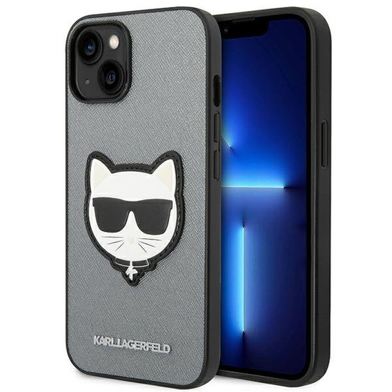 Karl Lagerfeld Obal na mobil pre iPhone 14, Saffiano Choupette Head Patch, strieborné