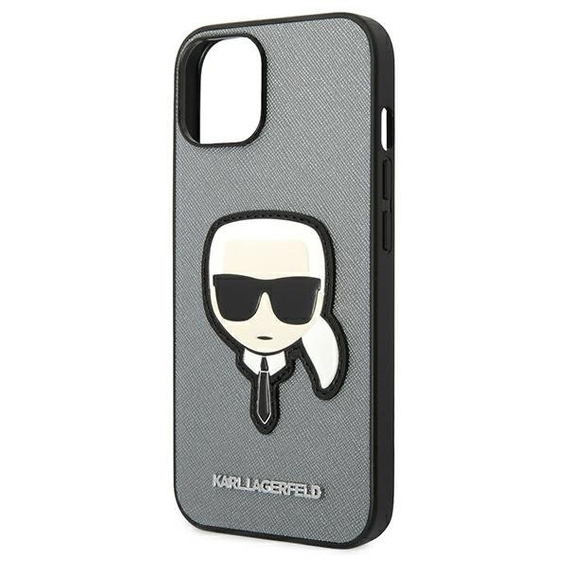 Karl Lagerfeld Obal na mobil pre iPhone 14, Saffiano Karl's Head Patch, strieborné