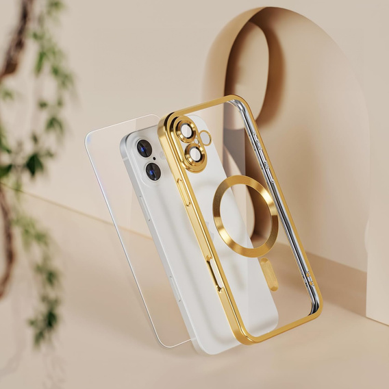 Puzdro pre iPhone 16 Plus, Electro MagSafe, zlaté + sklo na displej