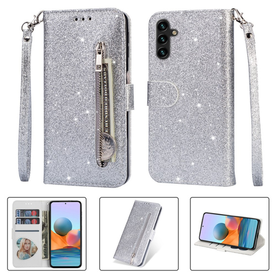 Klapkové puzdro pre Samsung Galaxy A35 5G, Wallet Zipper Pocket Glittery, strieborné