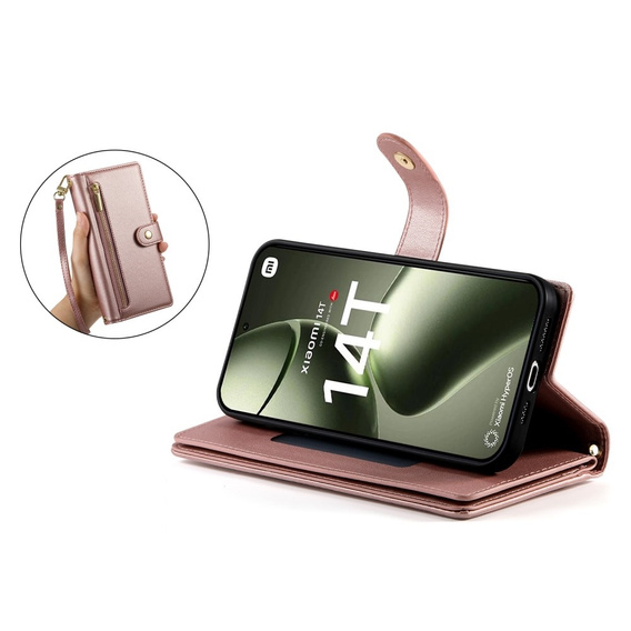 Klapkové puzdro pre Xiaomi 14T, Wallet Zipper Pocket, ružové
