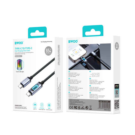 Kábel USB-C na USB-C s RGB podsvietením PD 60 W BWOO X324CC
