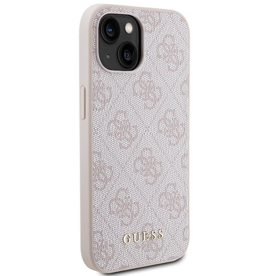 GUESS Obal na mobil pre iPhone 15, 4G Metal Gold Logo, ružové