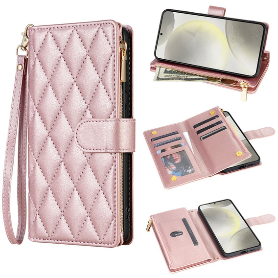 Puzdro s chlopňou pre Samsung Galaxy A56 5G, Rhombus Crossbody Leather, ružové rose gold