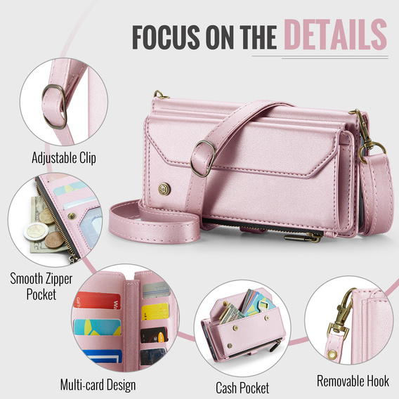 Puzdro CASEME pre Samsung Galaxy S25 FE, RFID Leather Wallet, s popruhom cez rameno, ružové
