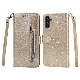 Klapkové puzdro pre Samsung Galaxy A35 5G, Wallet Zipper Pocket Glittery, zlaté