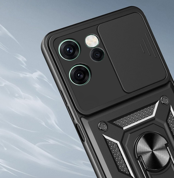 Pancierované puzdro pre Oppo Reno 14F, s ochranou fotoaparátu, so stojanom, čierne