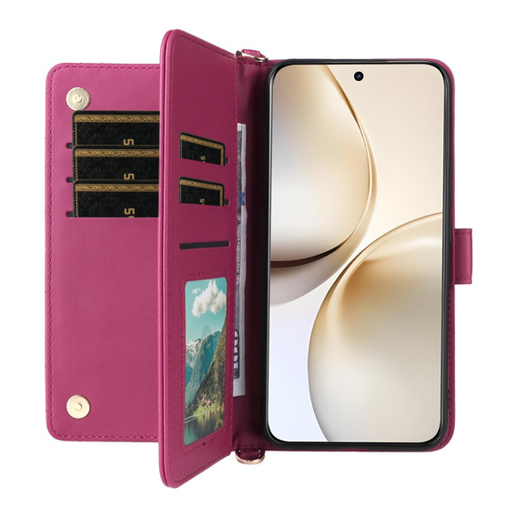 Puzdro s chlopňou pre Realme 14 Pro+ 5G, Crossbody Leather Wallet, tmavoružová